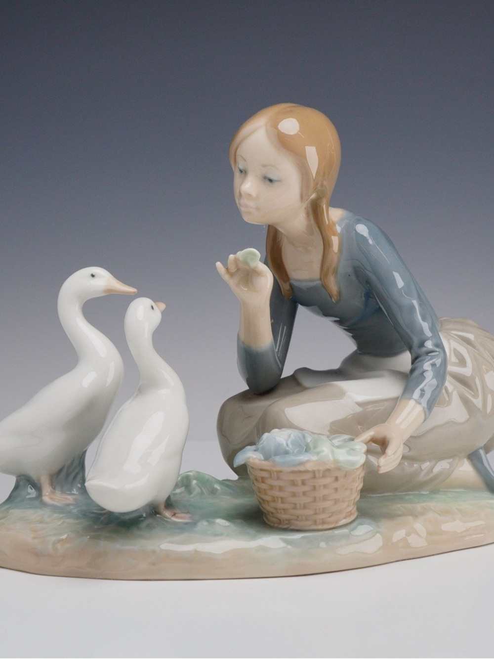 Lladro Porcelain Girl Feeding Geese Figurine in Blue, White, Beige